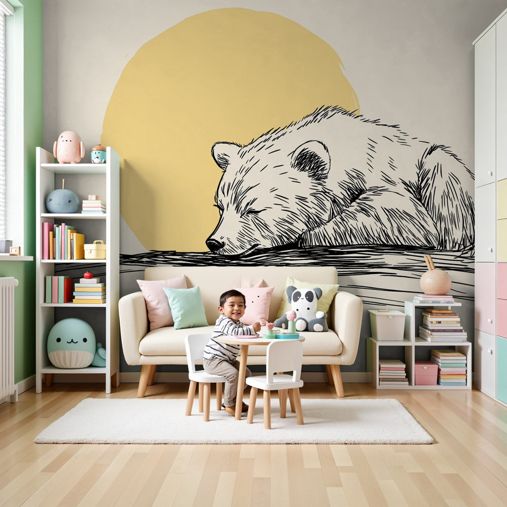 Baby bear mural wallpaper with sleeping bear creating peaceful nursery atmosphere by Kids-Mundo