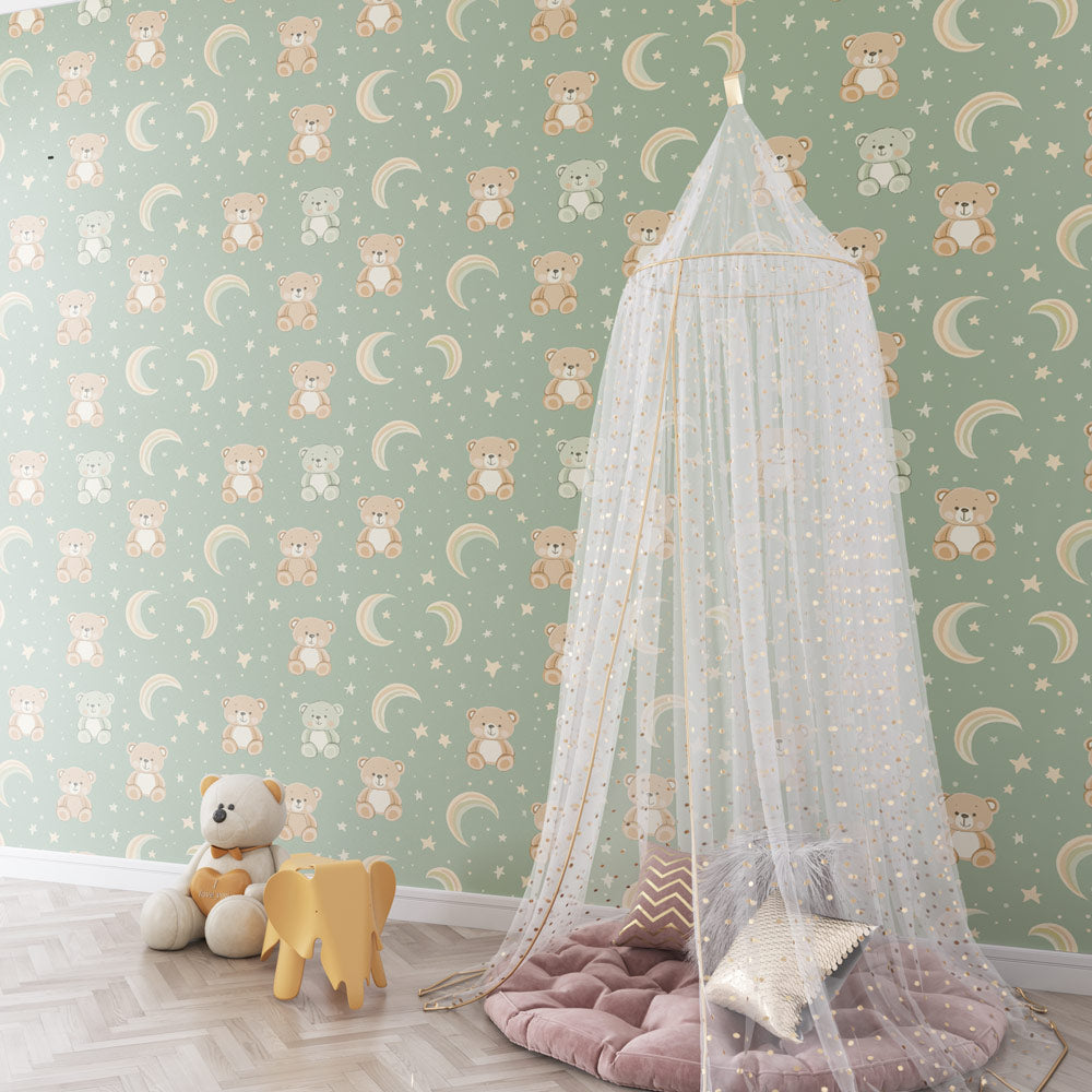 Sweet teddy bear rainbow wallpaper transforming toddler bedroom into magical space