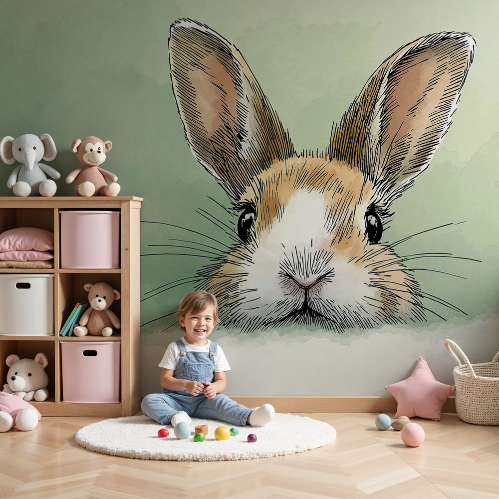 Baby bunny mural wallpaper in peaceful nursery setting with soft pastel green background by Kids-Mundo