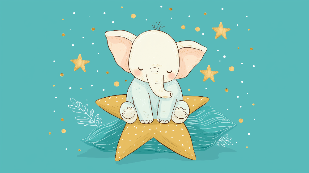 Kids-Mundo flat artwork of a sleepy baby elephant sitting on a golden star among stars