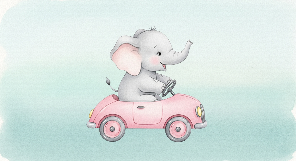 Baby Elephant Driving a Pink Car Wall Mural