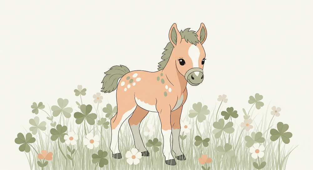 Cute Foal in a Field of Clover and Flowers Wall Mural