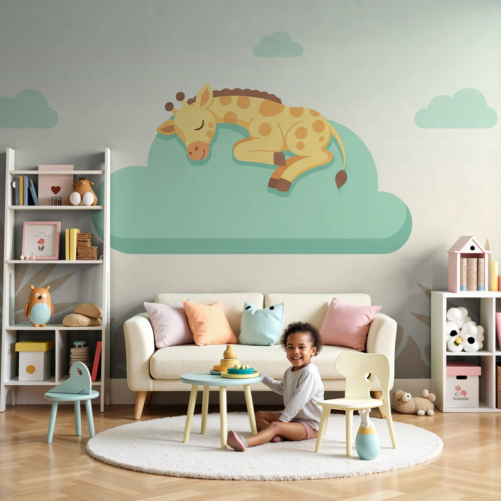 Baby giraffe mural wallpaper with sleeping giraffe on mint cloud in modern nursery by Kids-Mundo