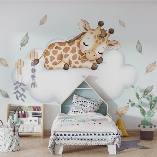 Kids-Mundo baby giraffe cloud mural on a feature wall in a toddler's kids bedroom