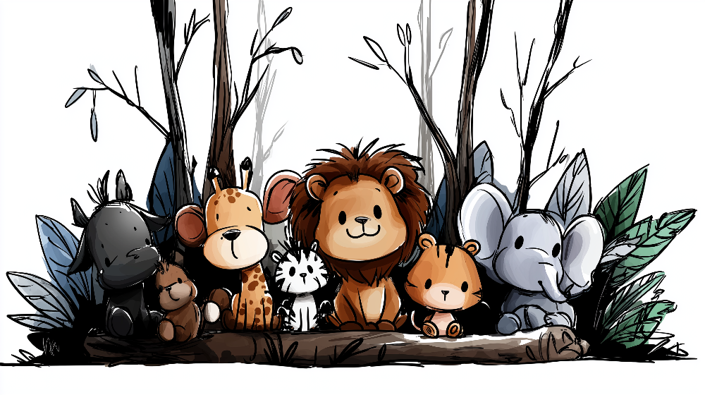 Kids-Mundo flat artwork of sketched baby jungle animals lined up with soft blue-green leaves.