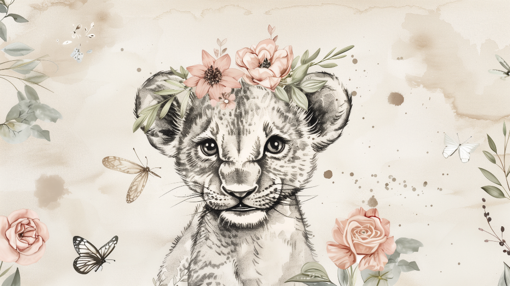 Kids-Mundo flat artwork preview of the baby lion cub with floral crown wall mural