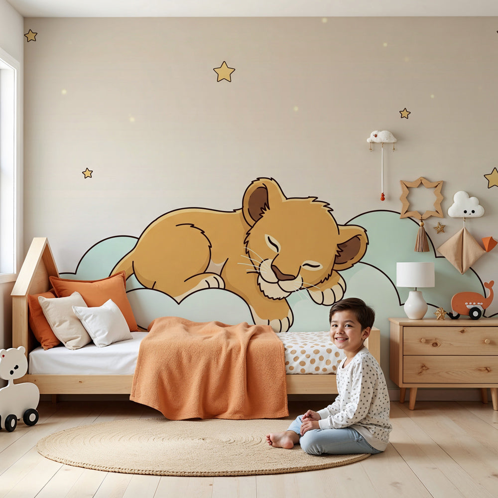 Baby lion on starry cloud mural wallpaper in modern nursery room by Kids-Mundo