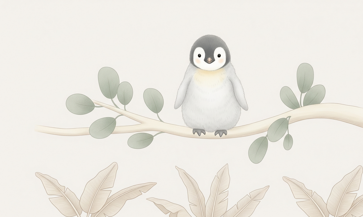Kids-Mundo flat artwork of a baby penguin perched on a eucalyptus branch wall mural design.
