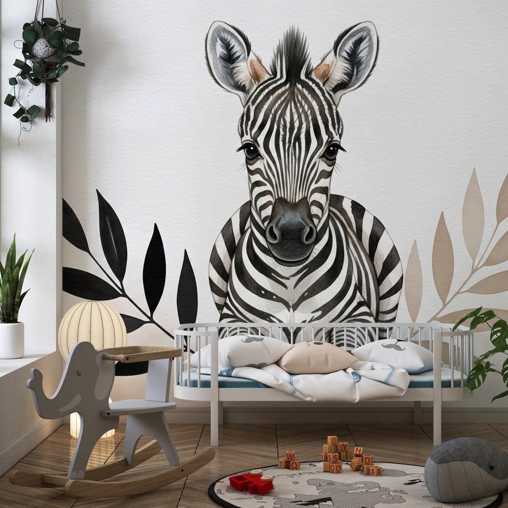 Safari zebra wallpaper creating adventure-themed kids bedroom with botanical leaves