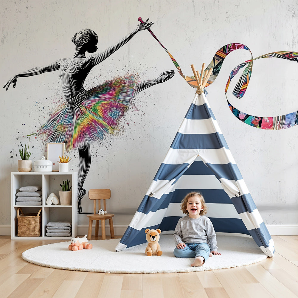 Colorful ballerina mural wallpaper decorating modern girls bedroom with dance theme by Kids-Mundo