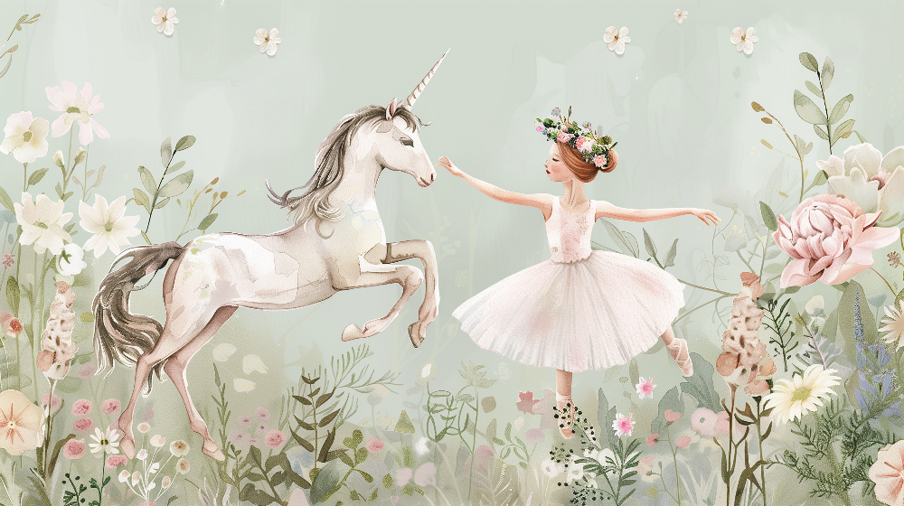 Kids-Mundo flat artwork of a ballerina dancing with a unicorn in a garden scene