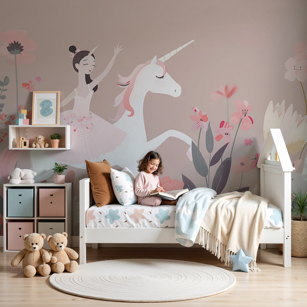 Ballerina unicorn mural wallpaper creating magical fairy tale nursery decor by Kids-Mundo