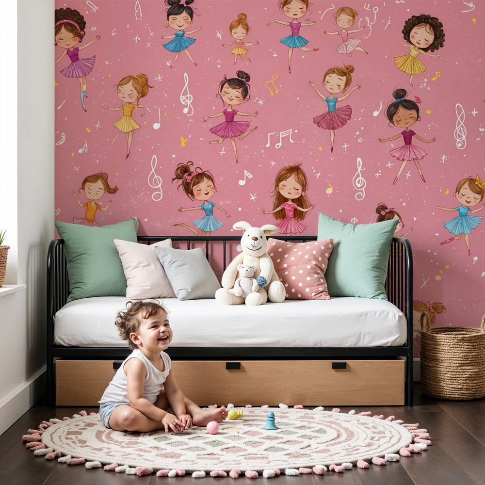 Ballet dance mural wallpaper with pink ballerinas in elegant nursery room by Kids-Mundo