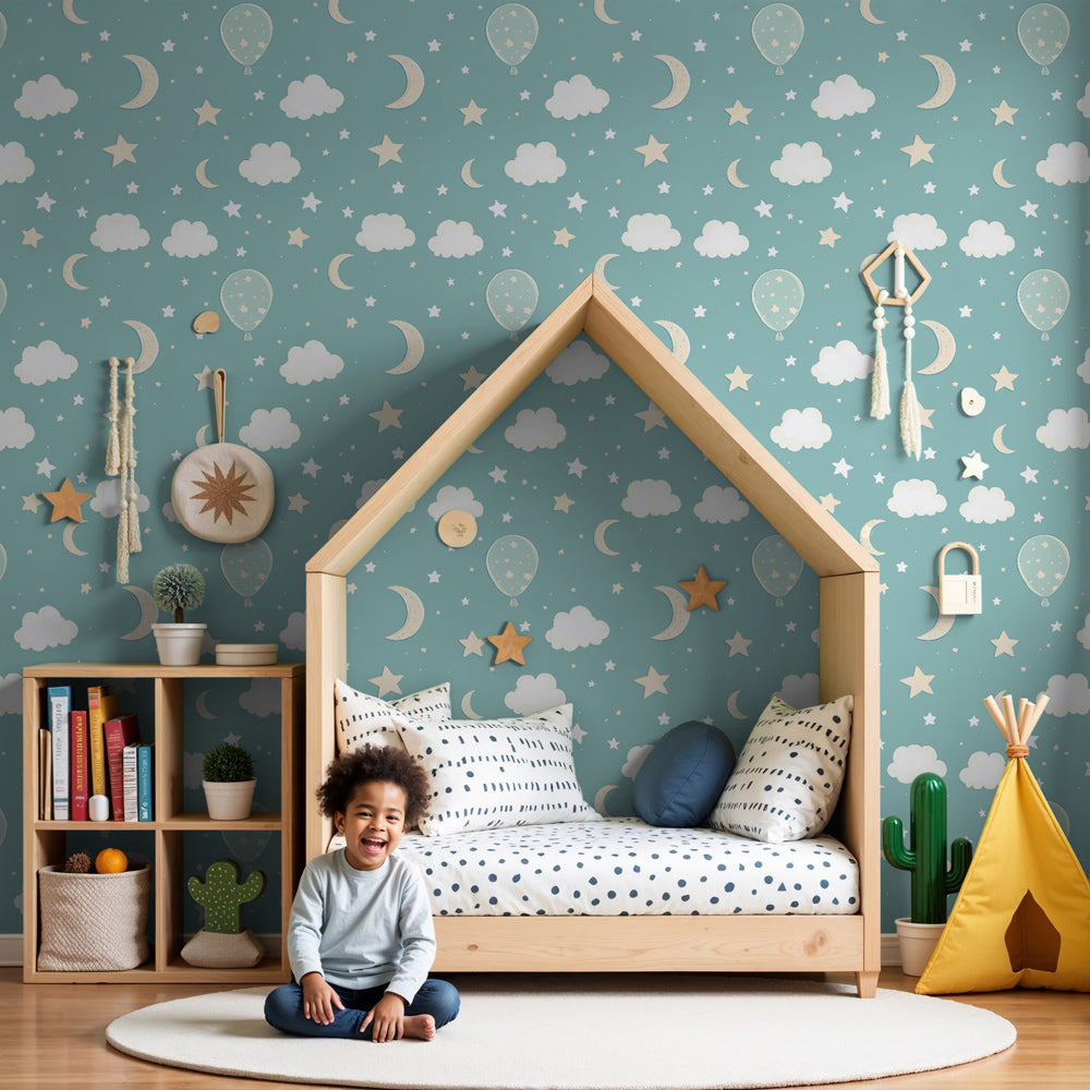 Balloon dreams mural wallpaper creating magical nursery atmosphere with floating balloons and stars by Kids-Mundo