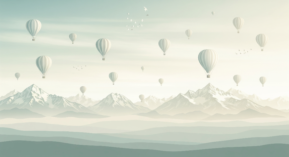 Kids-Mundo flat artwork of the hot air balloon fleet over a misty mountain range mural