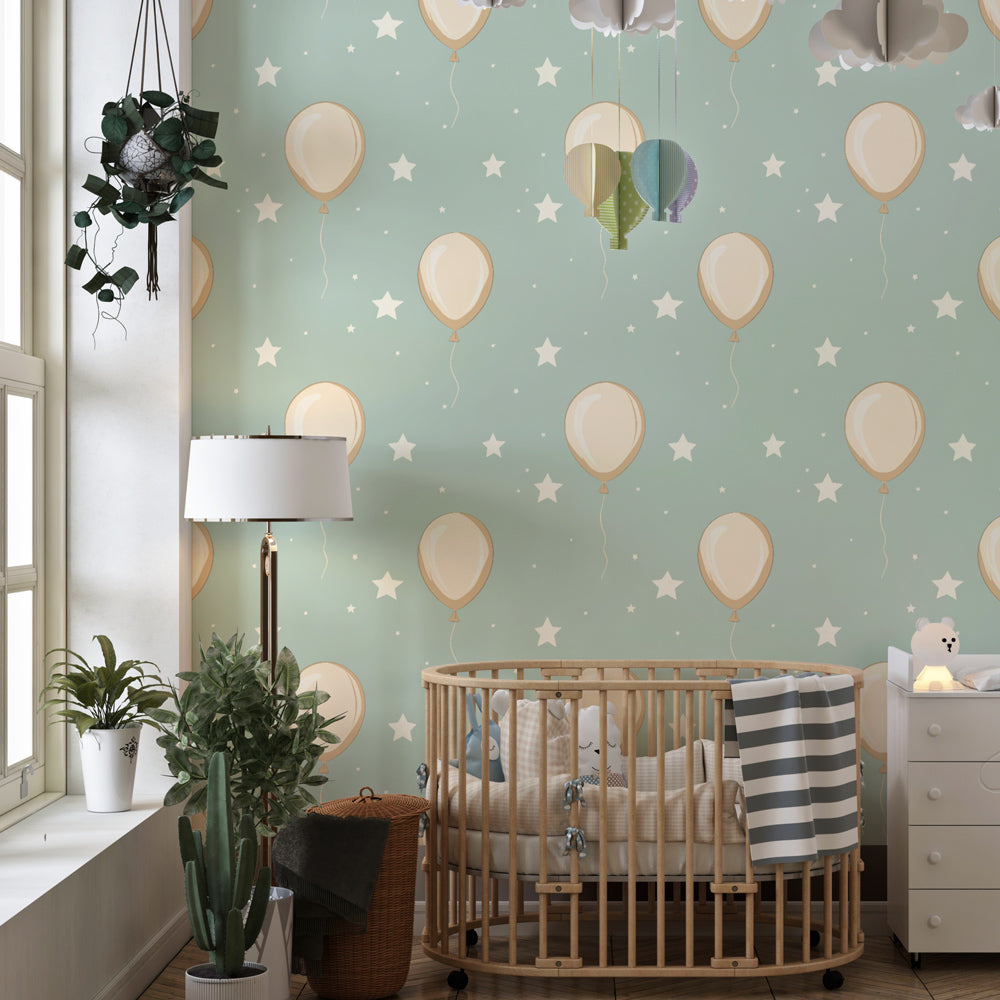 Colorful balloon wallpaper creating cheerful atmosphere in children's bedroom decor