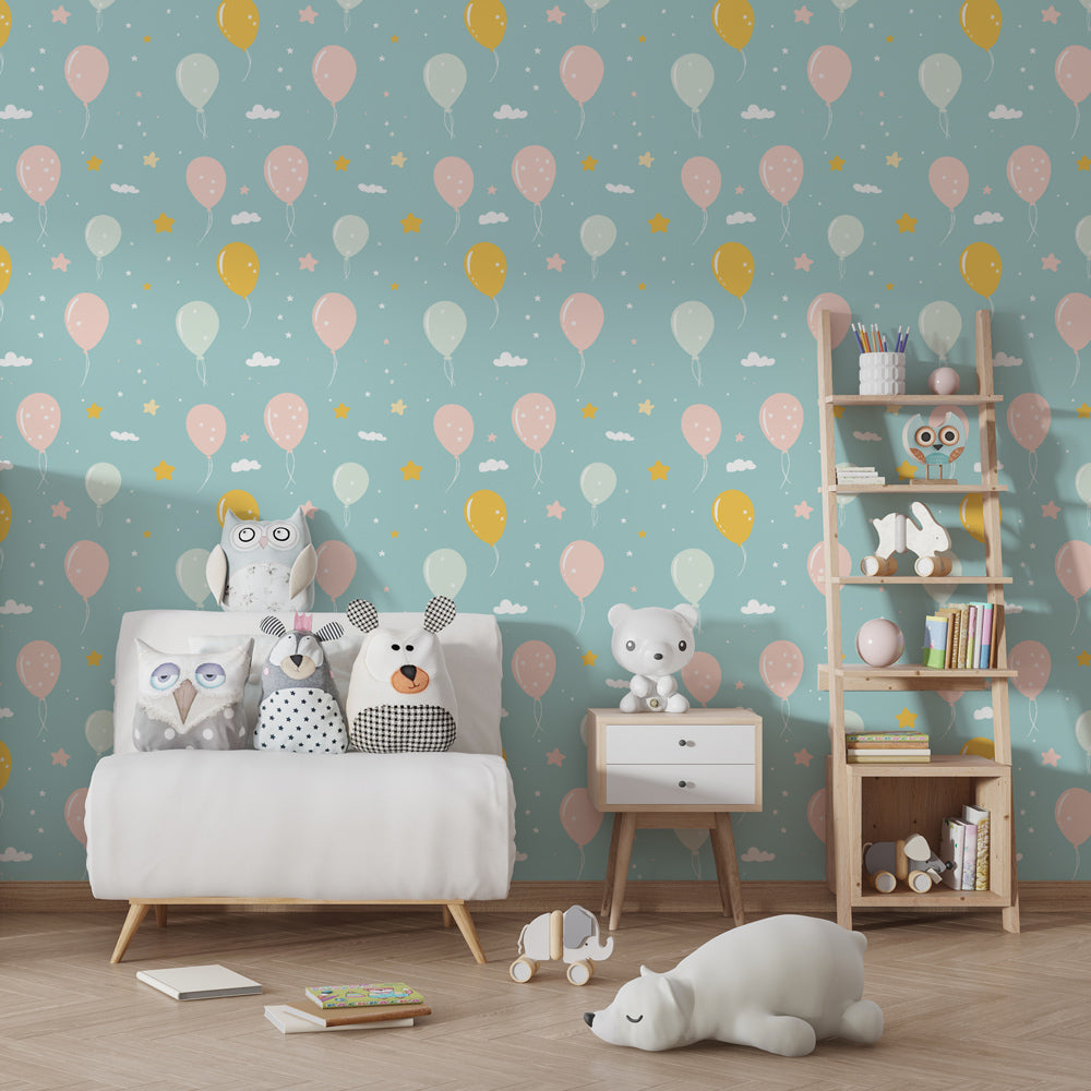 Pastel balloon wallpaper creating dreamy atmosphere in children's bedroom decor