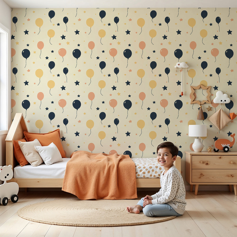 Colorful balloon mural wallpaper with twinkling stars in modern nursery by Kids-Mundo