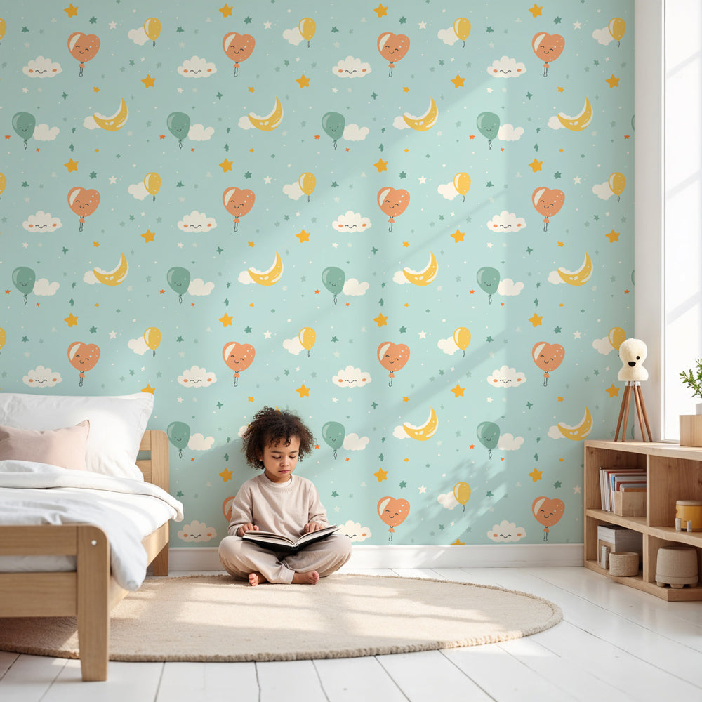 Happy balloon faces mural wallpaper creating magical nursery decor with pastel colors by Kids-Mundo