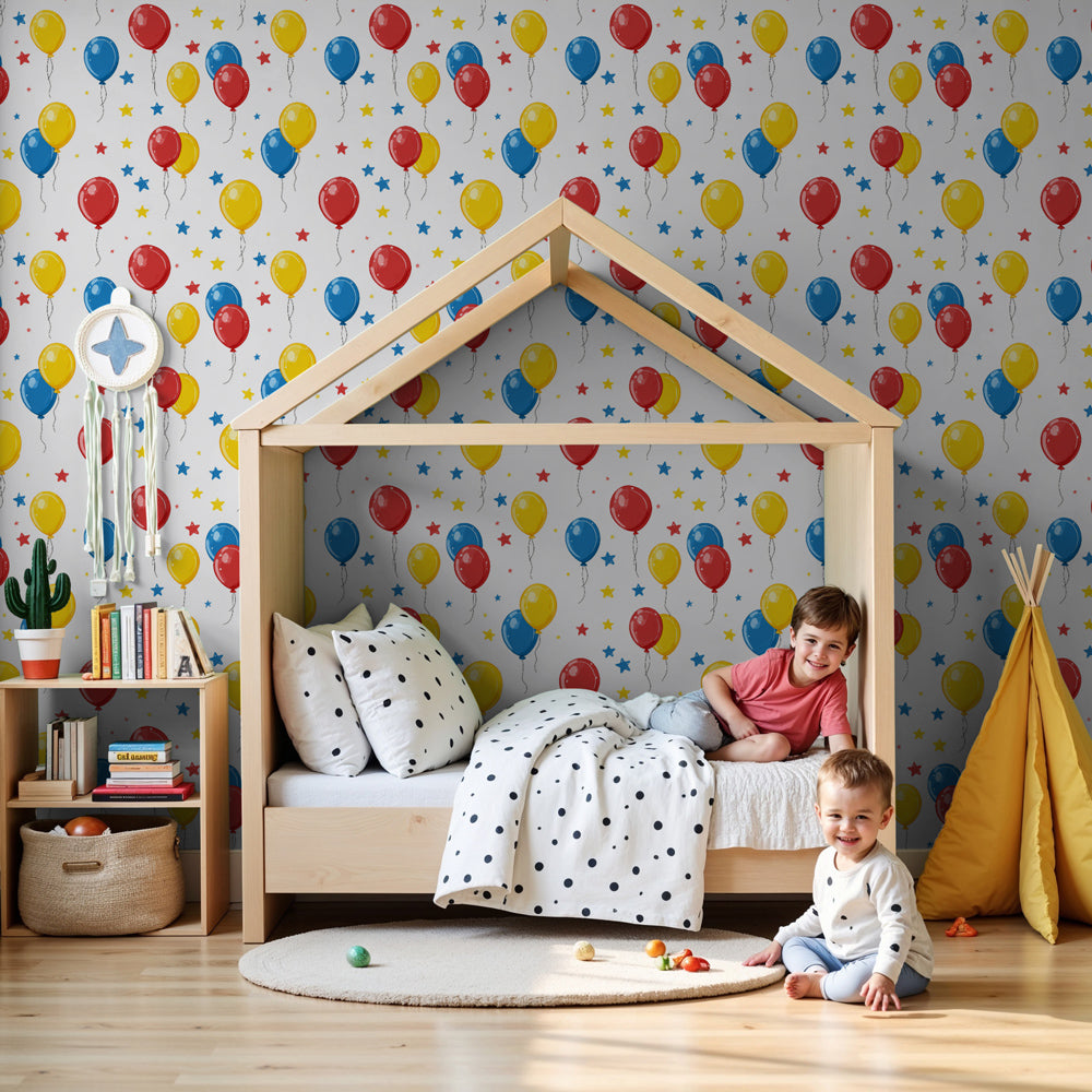 Colorful balloon mural wallpaper creating festive atmosphere in modern children's bedroom by Kids-Mundo