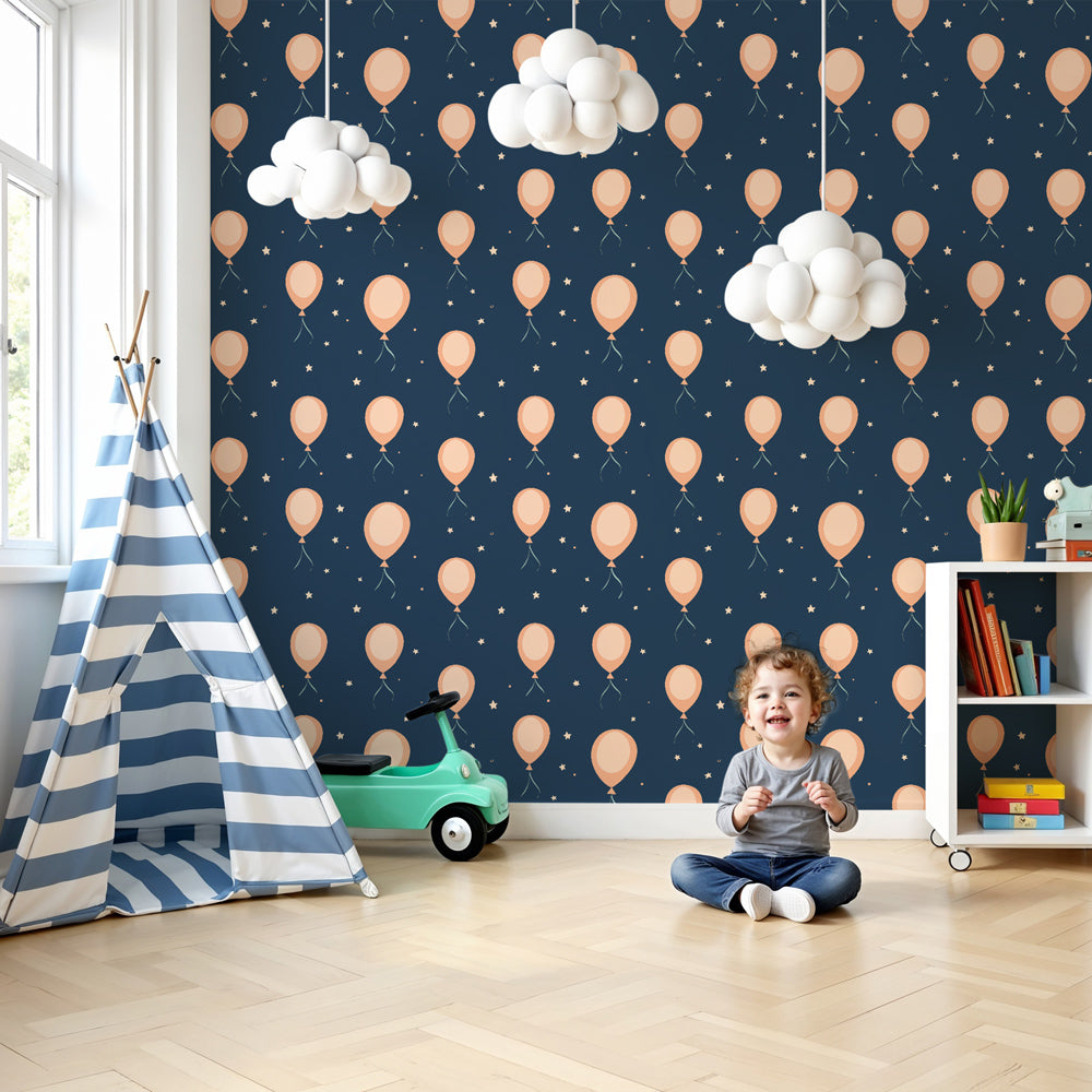 Balloon mural wallpaper with stars creating magical nursery decor by Kids-Mundo