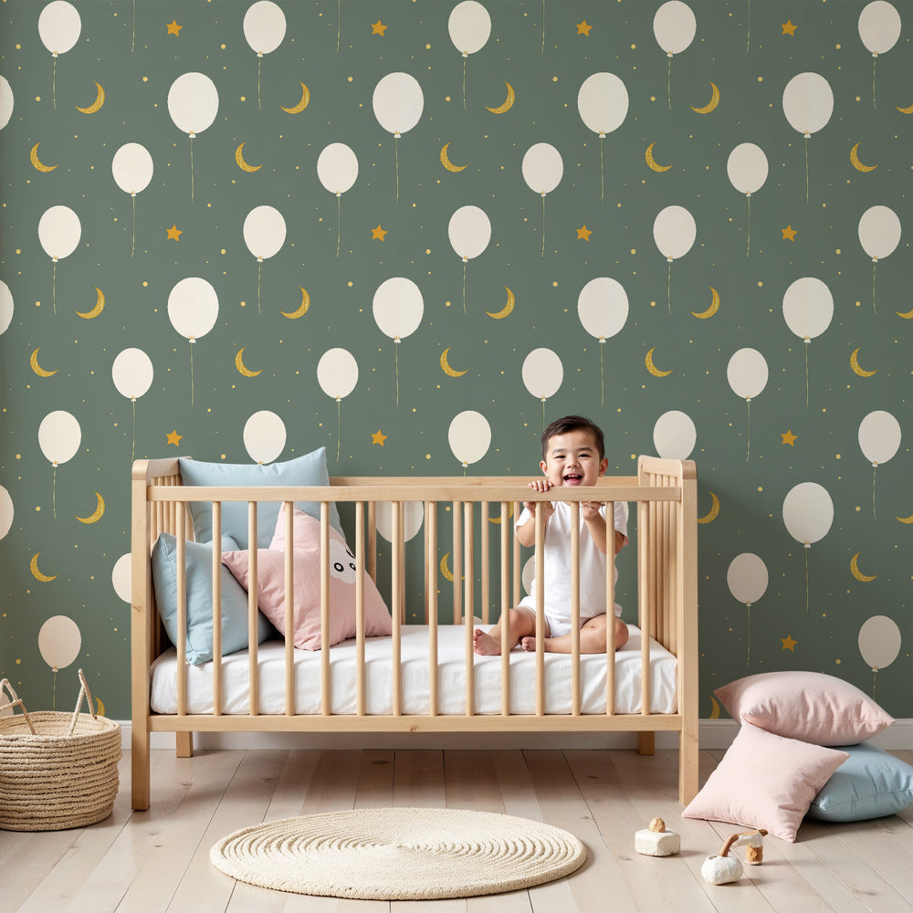 Balloon mural wallpaper with golden stars creating magical nursery decor by Kids-Mundo