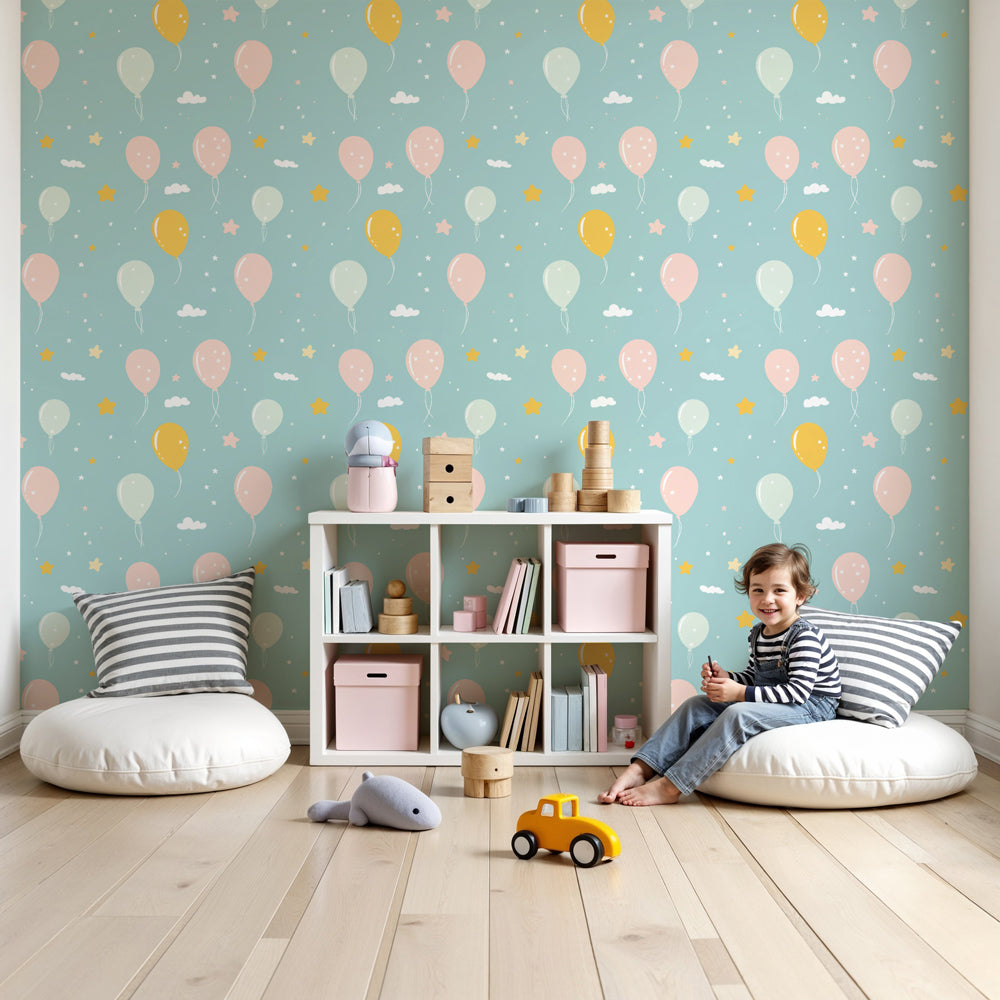 Pastel balloon mural wallpaper creating dreamy atmosphere in modern nursery by Kids-Mundo