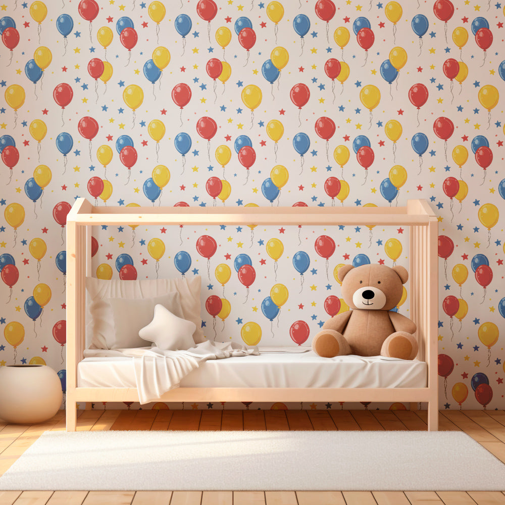 Party balloon wallpaper with red blue yellow balloons transforming kids playroom space