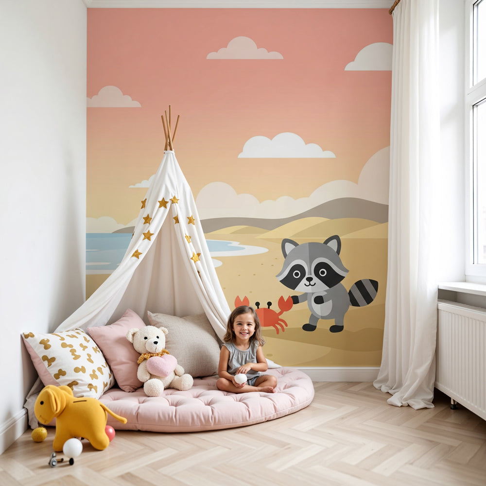 Beach animals mural wallpaper with raccoon and crab in modern nursery by Kids-Mundo