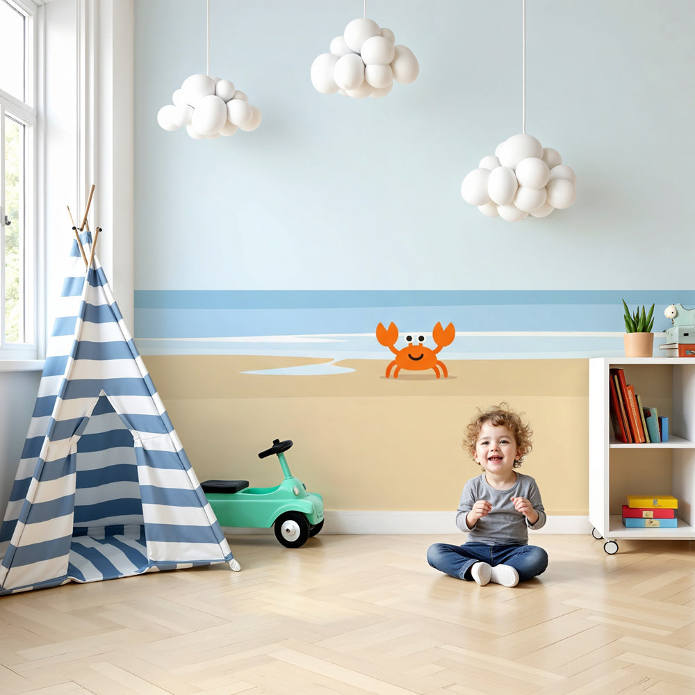 Beach crab mural wallpaper in modern nursery with coastal decor by Kids-Mundo