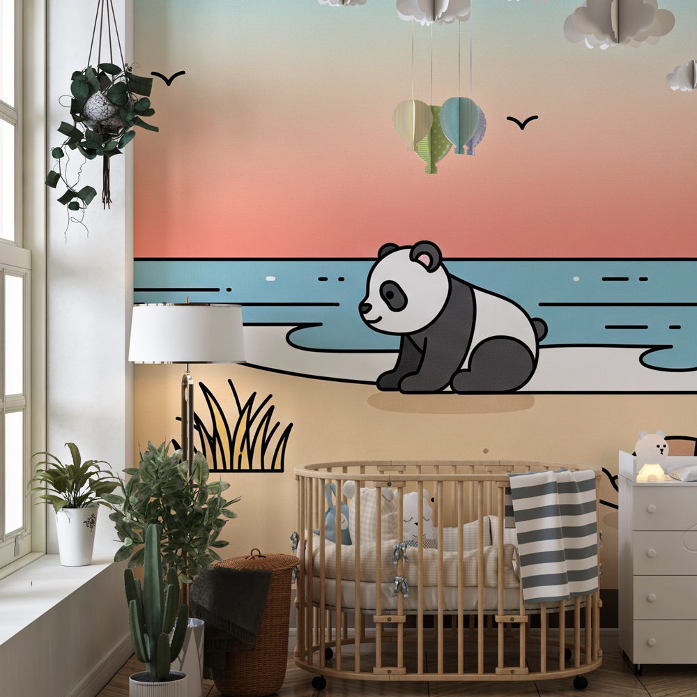 Peaceful panda turtle beach wallpaper creating serene atmosphere in child's bedroom