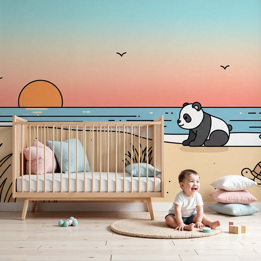 Beach panda sunset mural wallpaper in modern nursery room with natural decor by Kids-Mundo