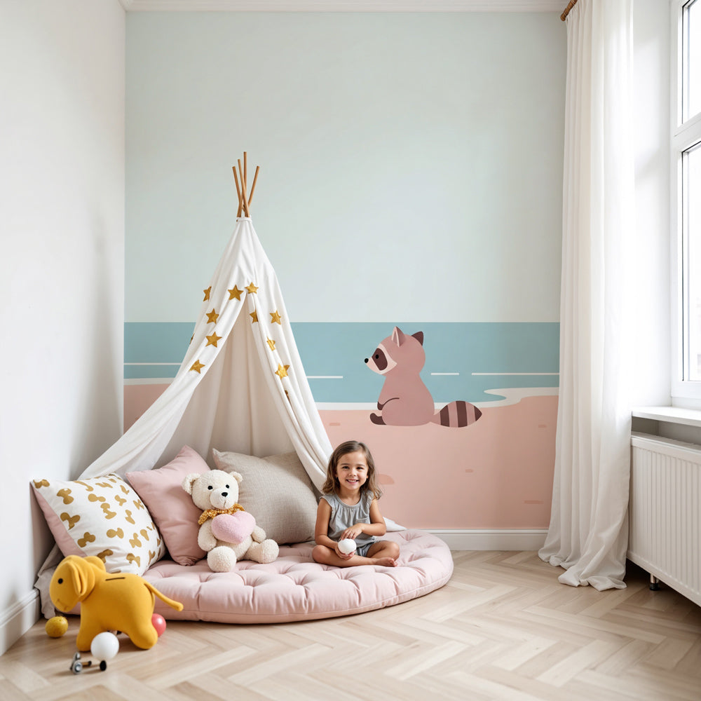 Beach raccoon mural wallpaper creating peaceful coastal nursery decor by Kids-Mundo