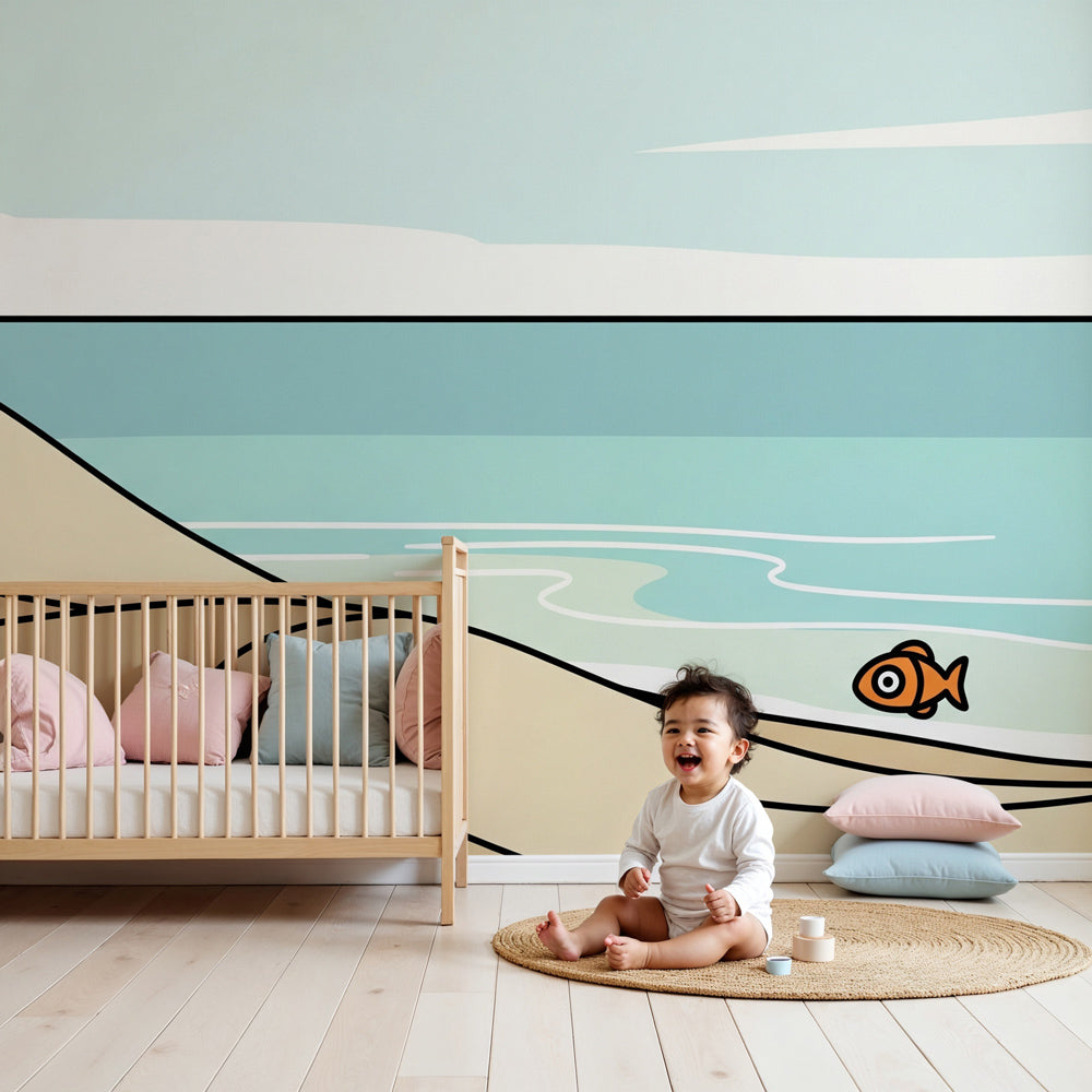 Beach scene mural wallpaper creating peaceful coastal nursery decor with ocean waves by Kids-Mundo