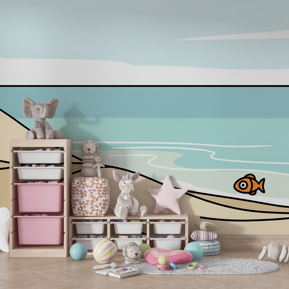Sunny beach mural wallpaper with playful fish in modern children's bedroom by Kids-Mundo