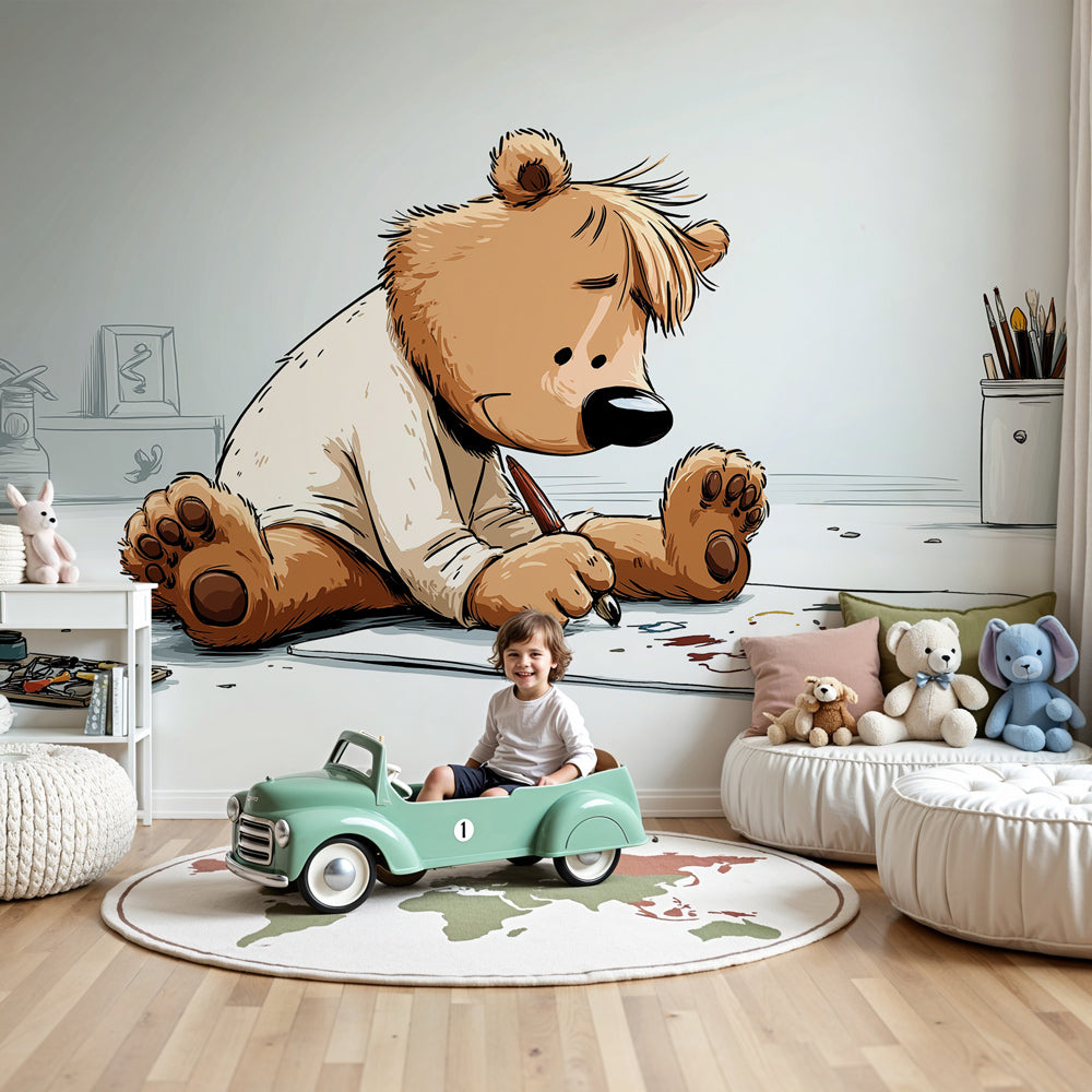 Bear artist mural wallpaper in cozy nursery setting creating inspiring creative space by Kids-Mundo