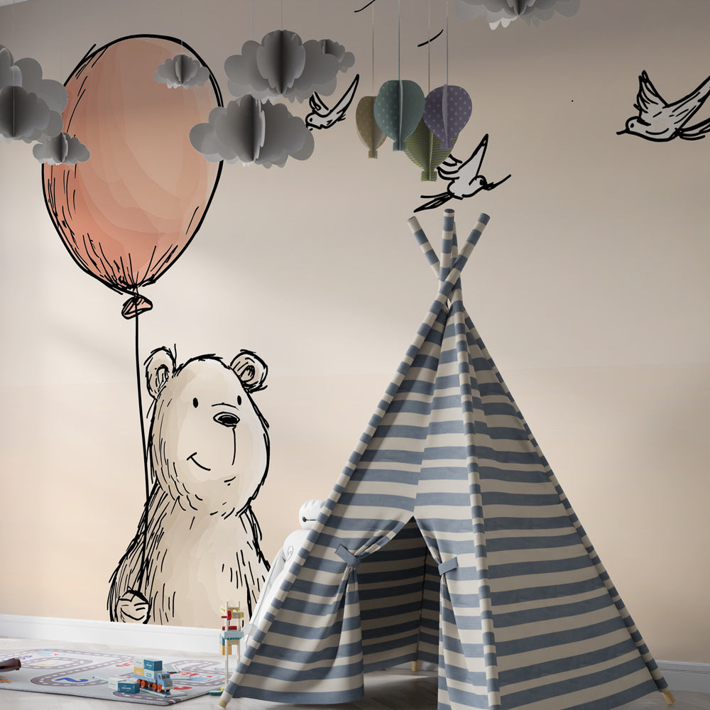 Sweet teddy bear wallpaper creating calm atmosphere in modern baby bedroom