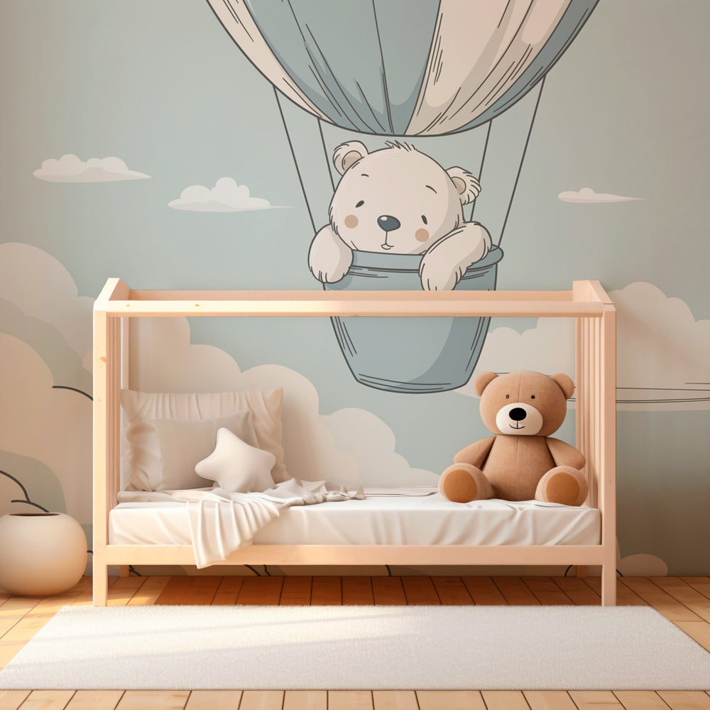 Dreamy bear balloon wallpaper creating peaceful nursery atmosphere with soft blue sky theme