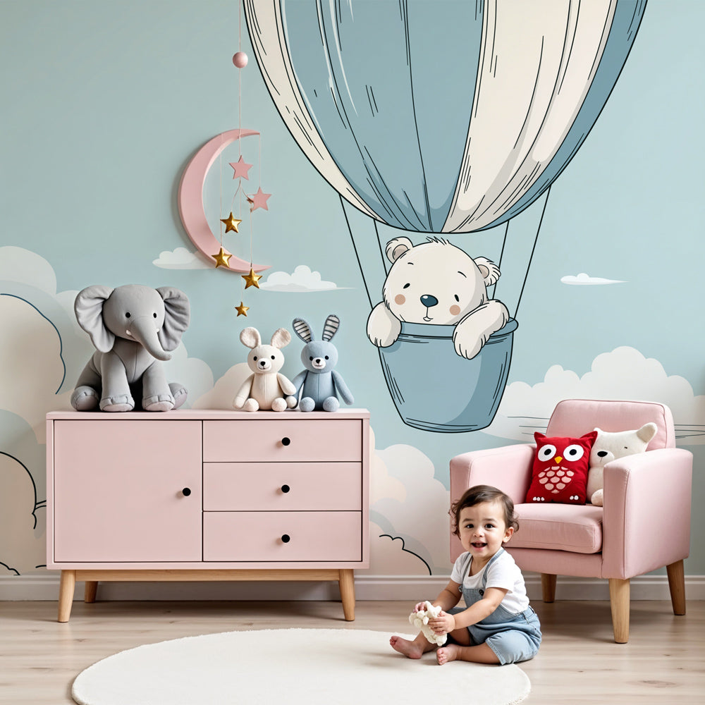 Bear hot air balloon mural wallpaper in modern baby nursery with white crib by Kids-Mundo