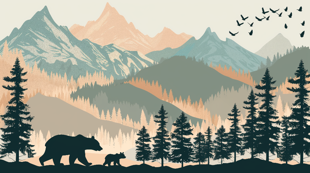 Kids-Mundo bear, cub and mountain forest flat artwork for made-to-measure murals