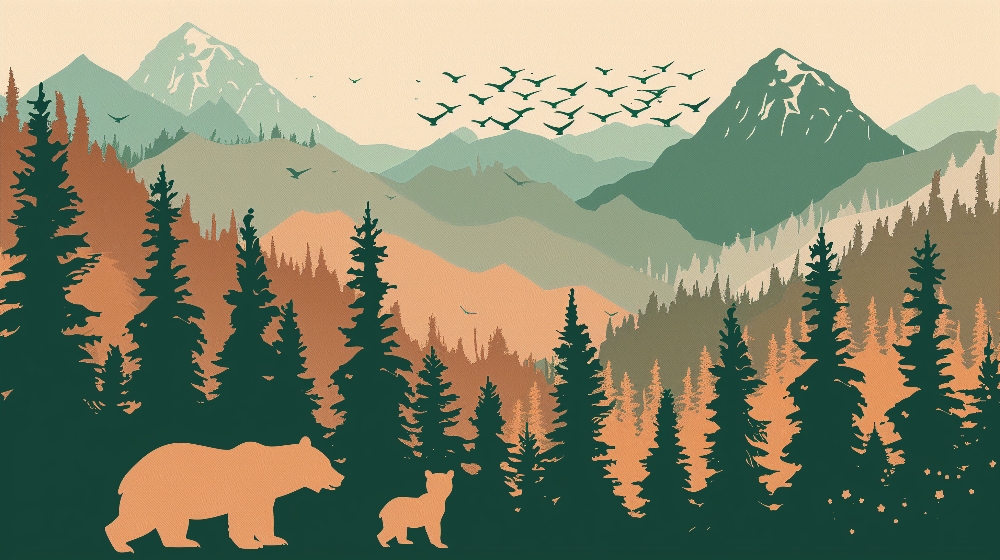 Bear and Cub Mountain Forest Adventure Wall Mural