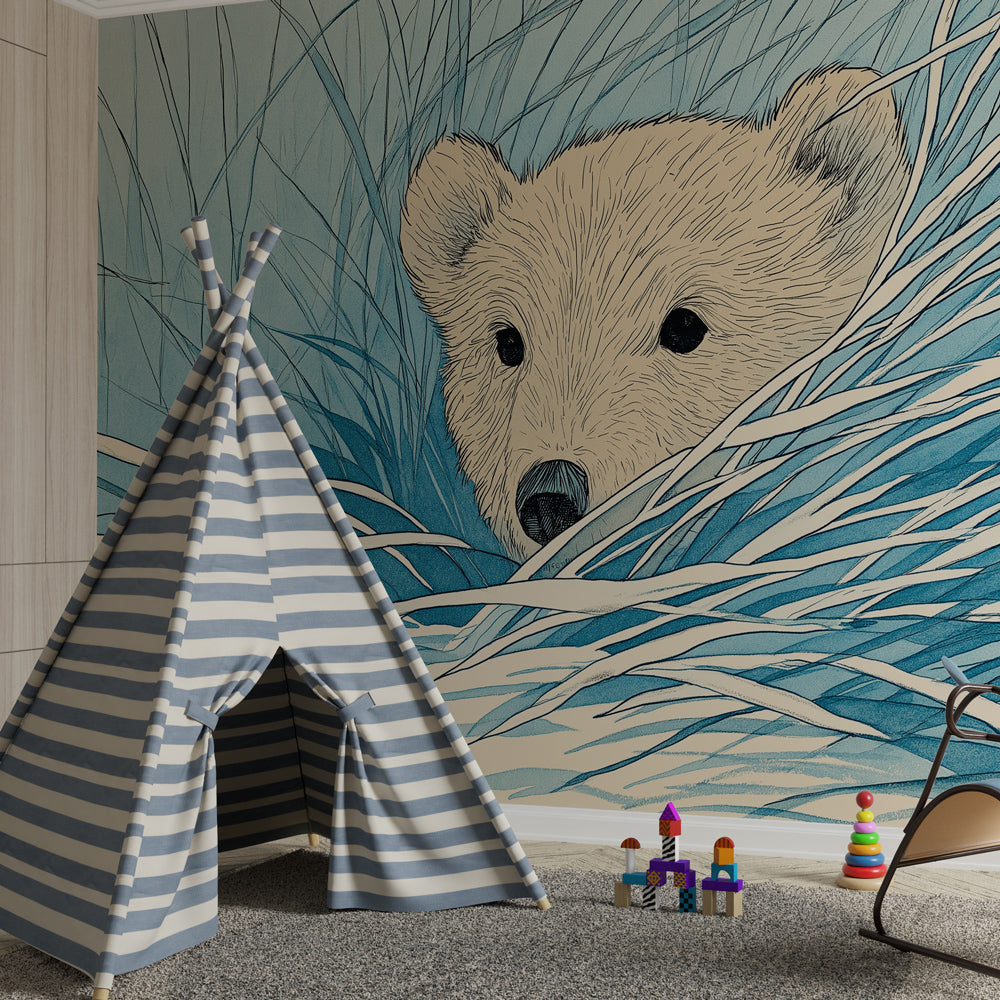 Curious bear in grass wallpaper creating peaceful kids bedroom atmosphere