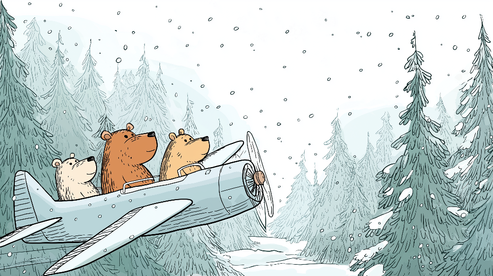 Kids-Mundo flat artwork of three bear cubs flying a plane through snowy pines illustration
