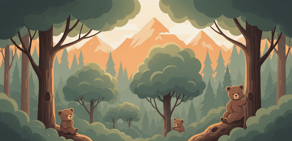 Kids-Mundo flat artwork of bear cubs playing in a mountain forest wall mural design