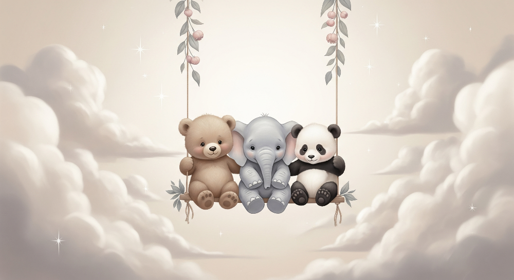 Kids-Mundo flat artwork of the bear, elephant and panda cloud swing wall mural