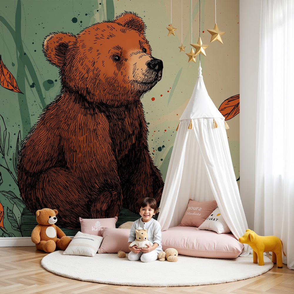 Bear forest mural wallpaper creating cozy woodland nursery atmosphere by Kids-Mundo