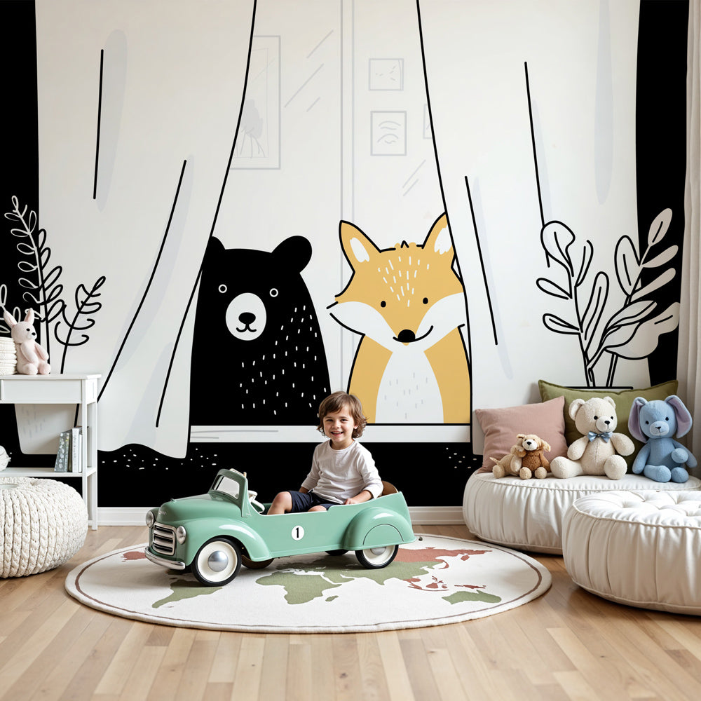 Bear and fox mural wallpaper in modern nursery setting with wooden crib by Kids-Mundo