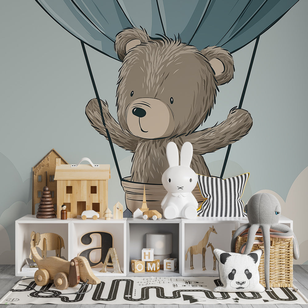 Dreamy sky bear wallpaper creating peaceful atmosphere in modern baby room decor