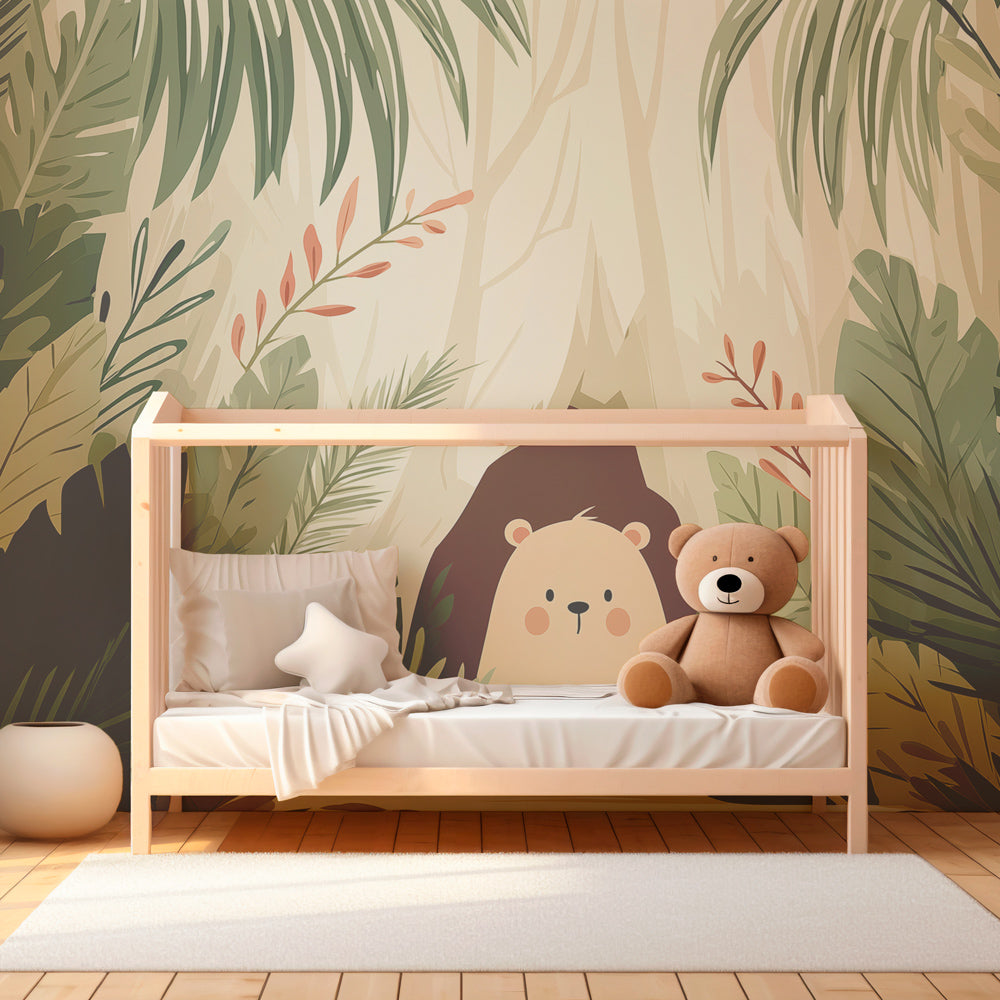 Jungle bear wallpaper in modern baby room with natural wood furniture and soft green tones