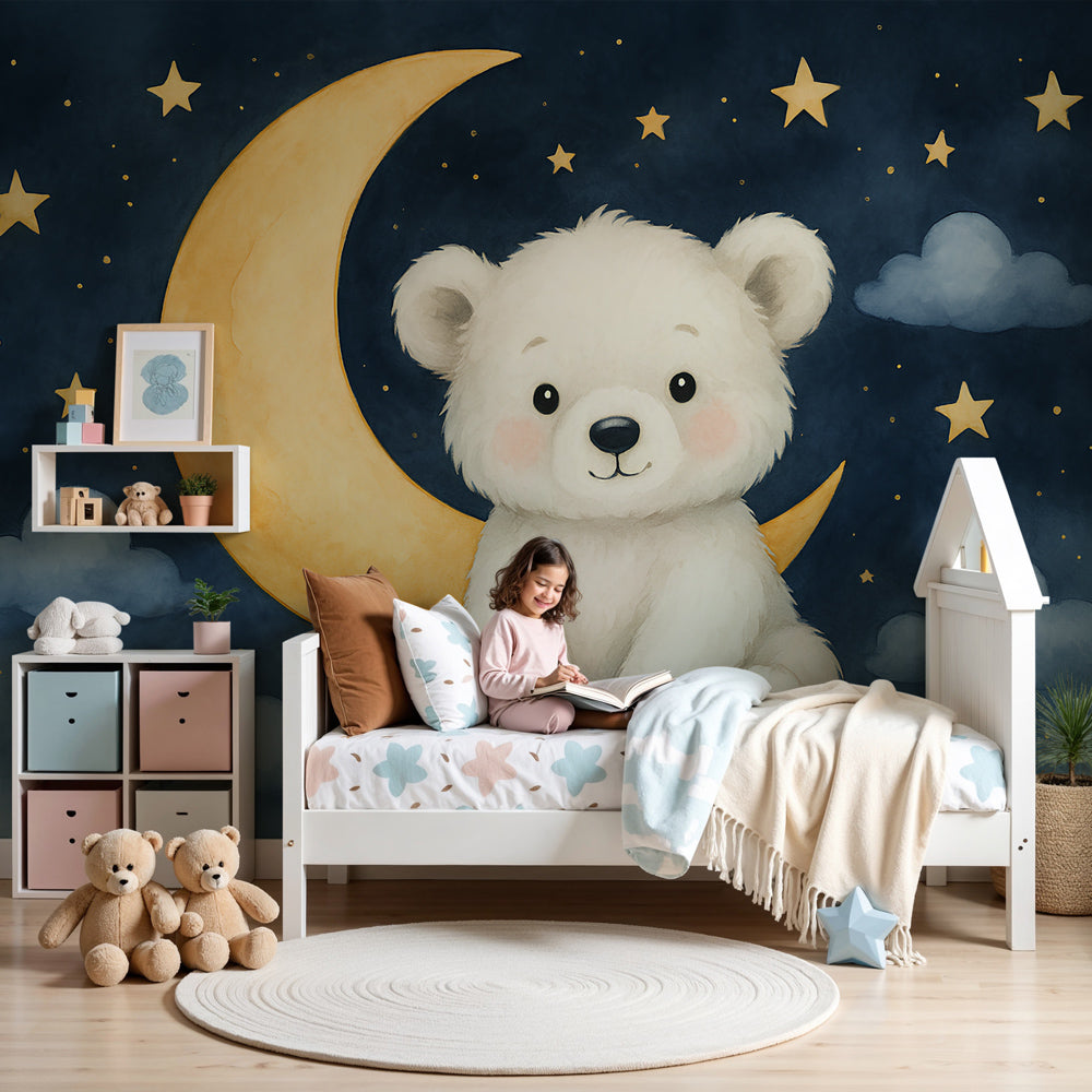 Bear moon mural wallpaper creating magical starry night nursery decor by Kids-Mundo